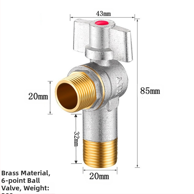 Месингов ъглов вентил за вграждане с голям поток и шаров клапан, за топла и студена вода; модел YLF1325; работно налягане 0.8 MPa; Ø20 мм; монтаж в стената; подходящ за тоалетни и бойлери