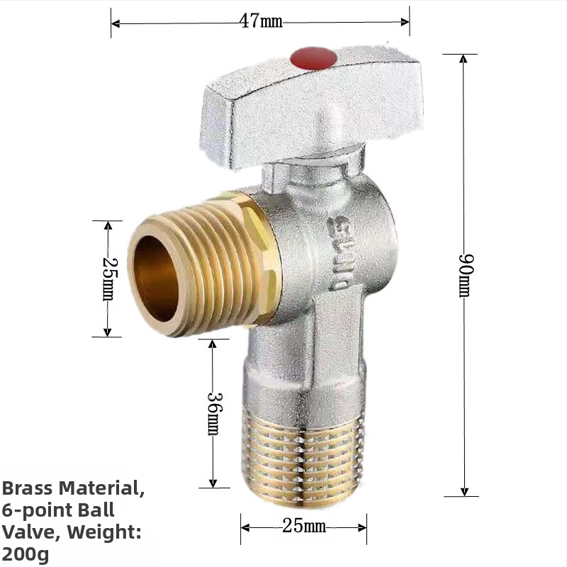 Месингов ъглов вентил за вграждане с голям поток и шаров клапан, за топла и студена вода; модел YLF1325; работно налягане 0.8 MPa; Ø20 мм; монтаж в стената; подходящ за тоалетни и бойлери