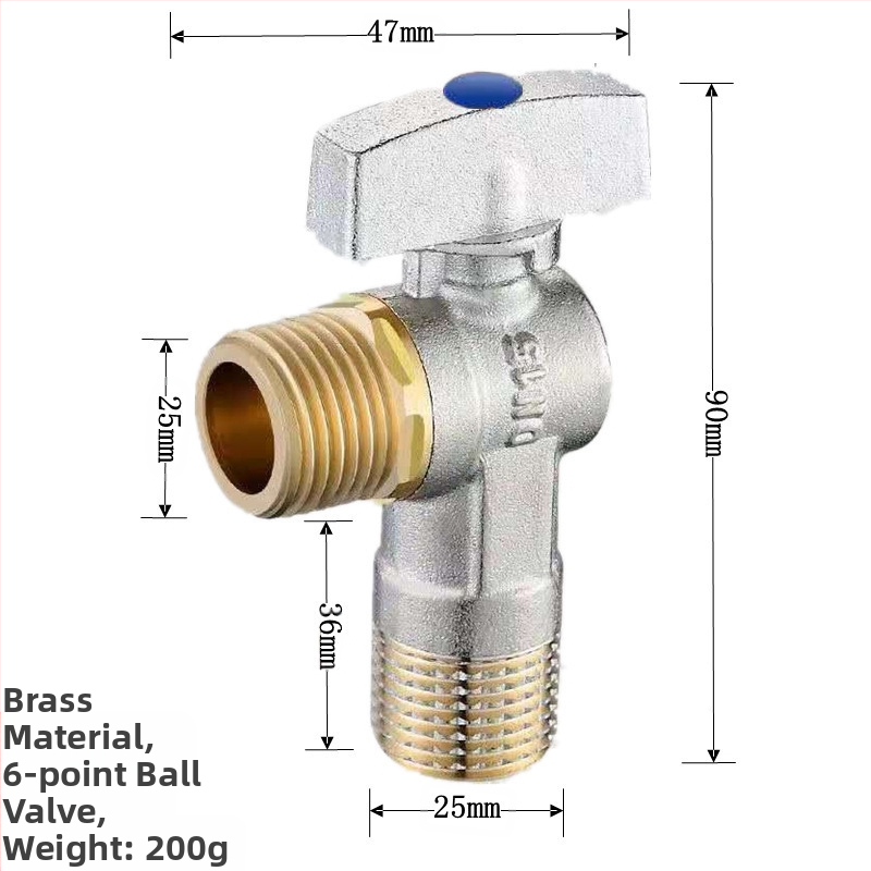 Месингов ъглов вентил за вграждане с голям поток и шаров клапан, за топла и студена вода; модел YLF1325; работно налягане 0.8 MPa; Ø20 мм; монтаж в стената; подходящ за тоалетни и бойлери