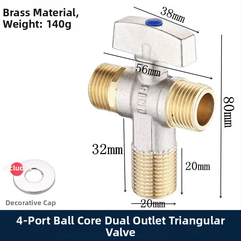 Месингов ъглов вентил за вграждане с голям поток и шаров клапан, за топла и студена вода; модел YLF1325; работно налягане 0.8 MPa; Ø20 мм; монтаж в стената; подходящ за тоалетни и бойлери