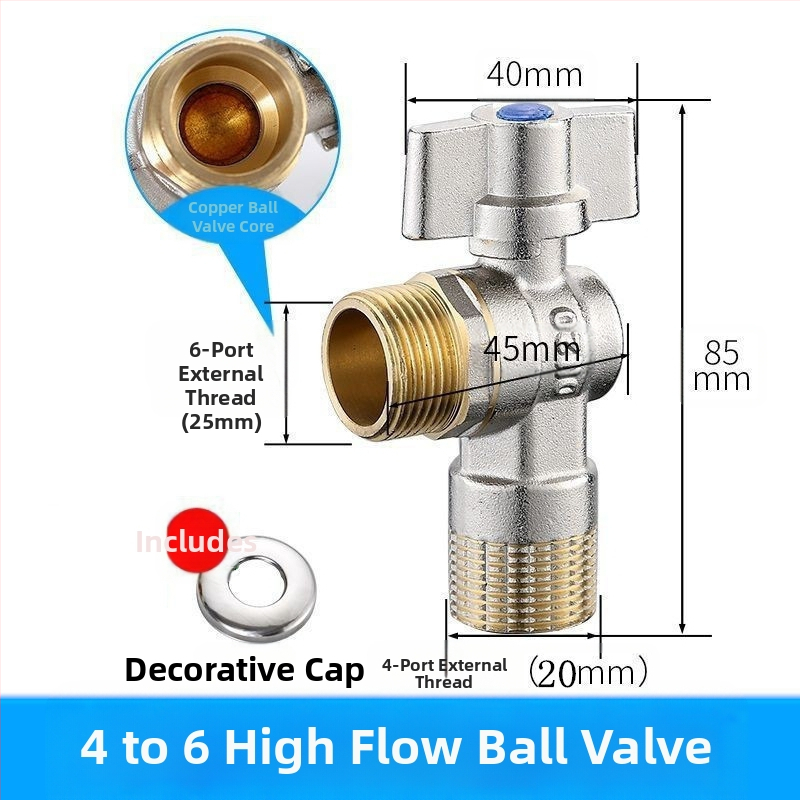 Месингов ъглов вентил за вграждане с голям поток и шаров клапан, за топла и студена вода; модел YLF1325; работно налягане 0.8 MPa; Ø20 мм; монтаж в стената; подходящ за тоалетни и бойлери