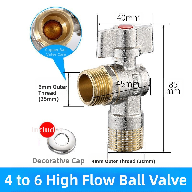 Месингов ъглов вентил за вграждане с голям поток и шаров клапан, за топла и студена вода; модел YLF1325; работно налягане 0.8 MPa; Ø20 мм; монтаж в стената; подходящ за тоалетни и бойлери