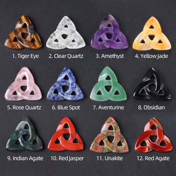 1709 Ирландски келтски възел, кух триъгълен силует, необработен камък, кристален ахат, шлайфане и полиране