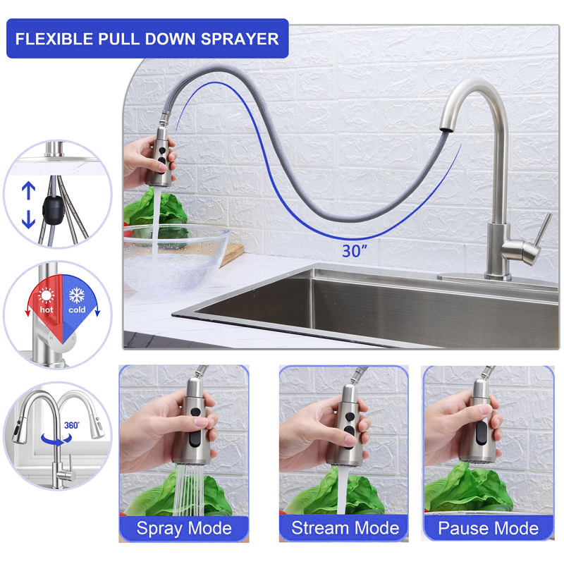Kihúzható konyhai mosogatócsaptelep, rozsdamentes acélból, brushed felület, kerámiás szeleppel, 20 mm bemenet