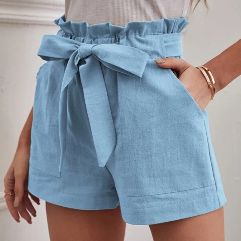Pantaloni casual cu buzunare, talie înaltă, croială lejeră, lungime trei sferturi, amestec bumbac-lin