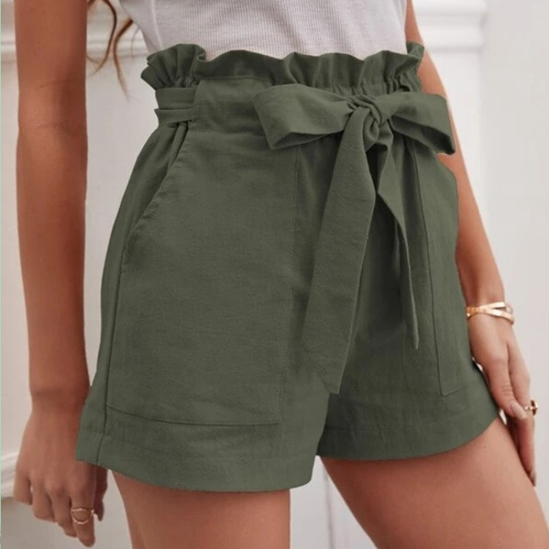 Pantaloni casual cu buzunare, talie înaltă, croială lejeră, lungime trei sferturi, amestec bumbac-lin