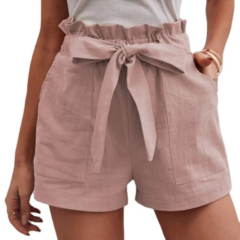 Pantaloni casual cu buzunare, talie înaltă, croială lejeră, lungime trei sferturi, amestec bumbac-lin