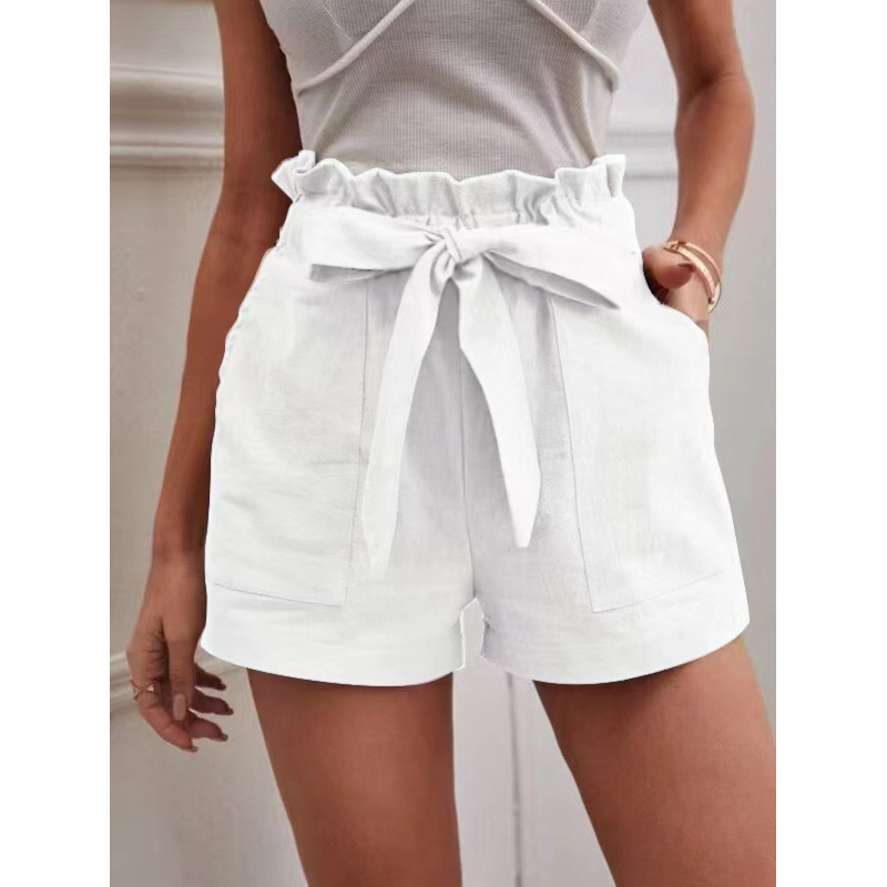 Pantaloni casual cu buzunare, talie înaltă, croială lejeră, lungime trei sferturi, amestec bumbac-lin