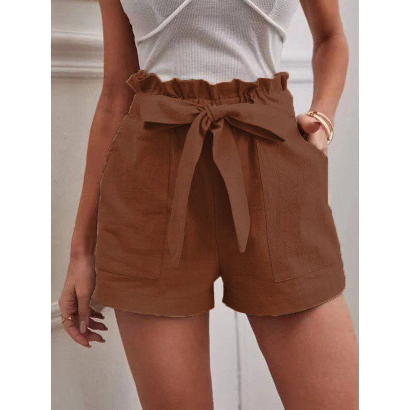 Pantaloni casual cu buzunare, talie înaltă, croială lejeră, lungime trei sferturi, amestec bumbac-lin