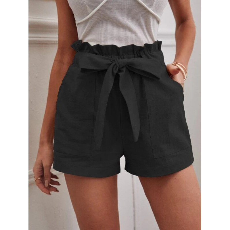 Pantaloni casual cu buzunare, talie înaltă, croială lejeră, lungime trei sferturi, amestec bumbac-lin