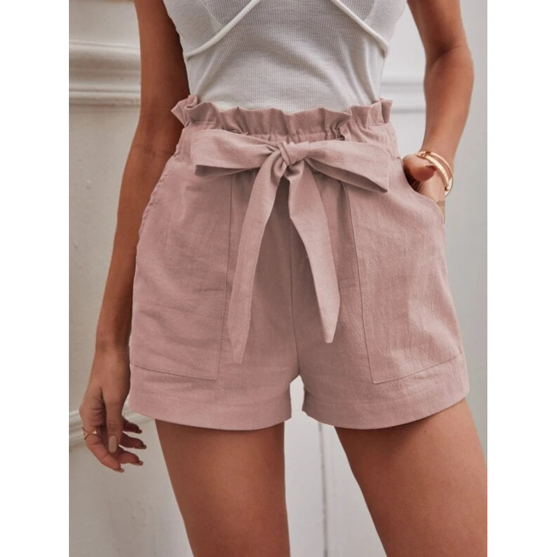 Pantaloni casual cu buzunare, talie înaltă, croială lejeră, lungime trei sferturi, amestec bumbac-lin
