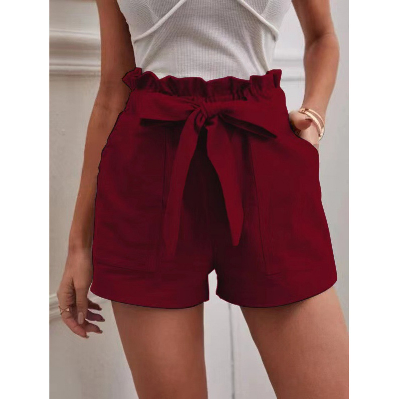 Pantaloni casual cu buzunare, talie înaltă, croială lejeră, lungime trei sferturi, amestec bumbac-lin