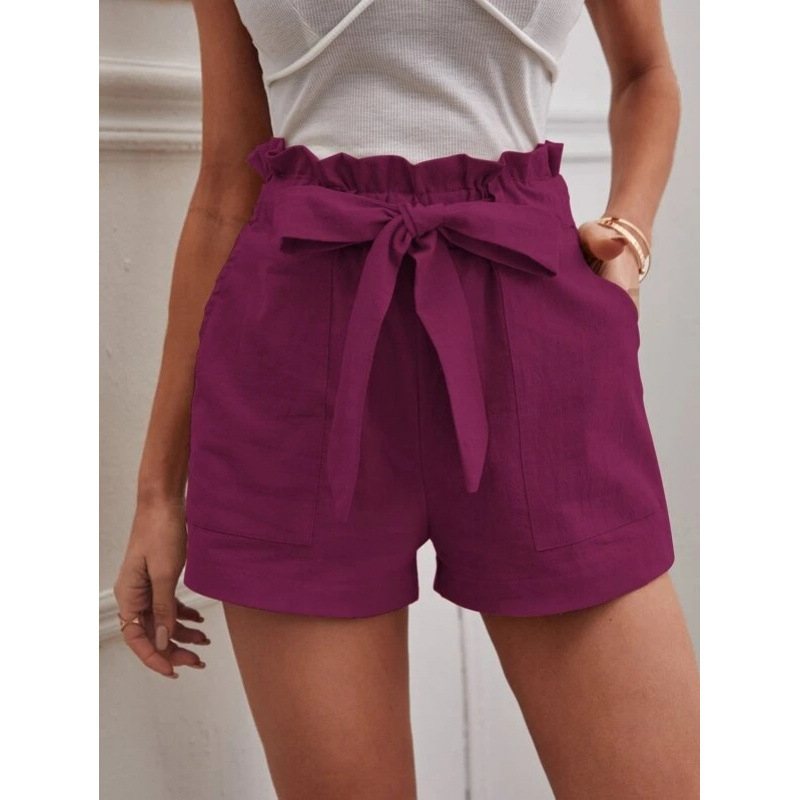 Pantaloni casual cu buzunare, talie înaltă, croială lejeră, lungime trei sferturi, amestec bumbac-lin