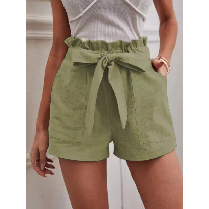 Pantaloni casual cu buzunare, talie înaltă, croială lejeră, lungime trei sferturi, amestec bumbac-lin
