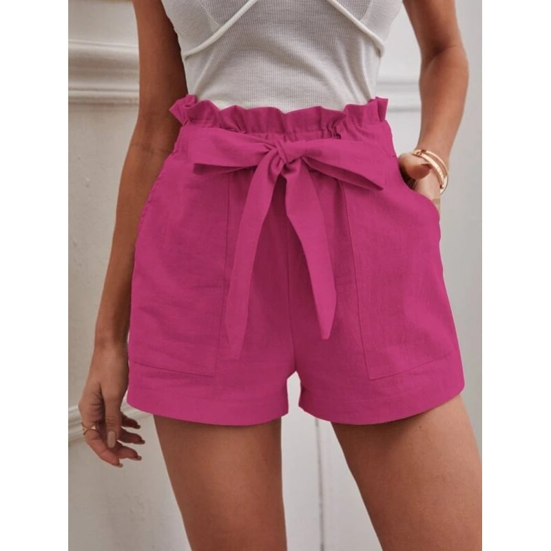Pantaloni casual cu buzunare, talie înaltă, croială lejeră, lungime trei sferturi, amestec bumbac-lin