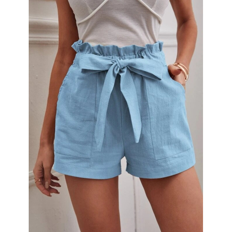 Pantaloni casual cu buzunare, talie înaltă, croială lejeră, lungime trei sferturi, amestec bumbac-lin