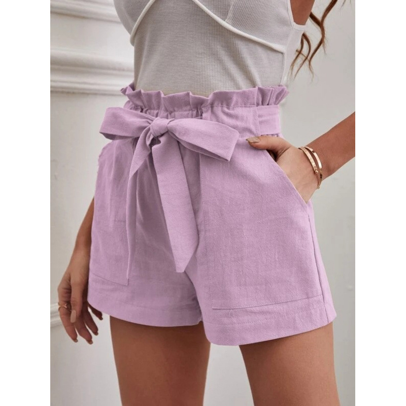 Pantaloni casual cu buzunare, talie înaltă, croială lejeră, lungime trei sferturi, amestec bumbac-lin