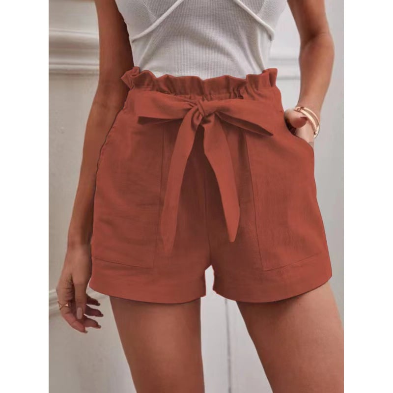 Pantaloni casual cu buzunare, talie înaltă, croială lejeră, lungime trei sferturi, amestec bumbac-lin