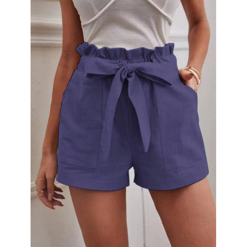 Pantaloni casual cu buzunare, talie înaltă, croială lejeră, lungime trei sferturi, amestec bumbac-lin