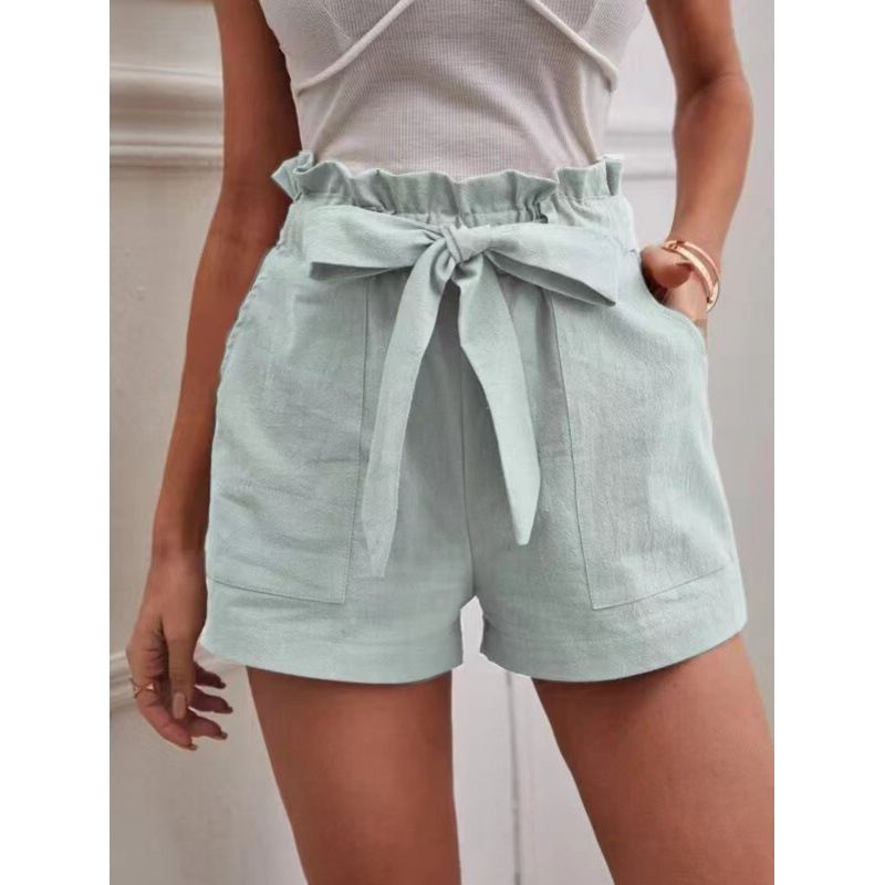 Pantaloni casual cu buzunare, talie înaltă, croială lejeră, lungime trei sferturi, amestec bumbac-lin