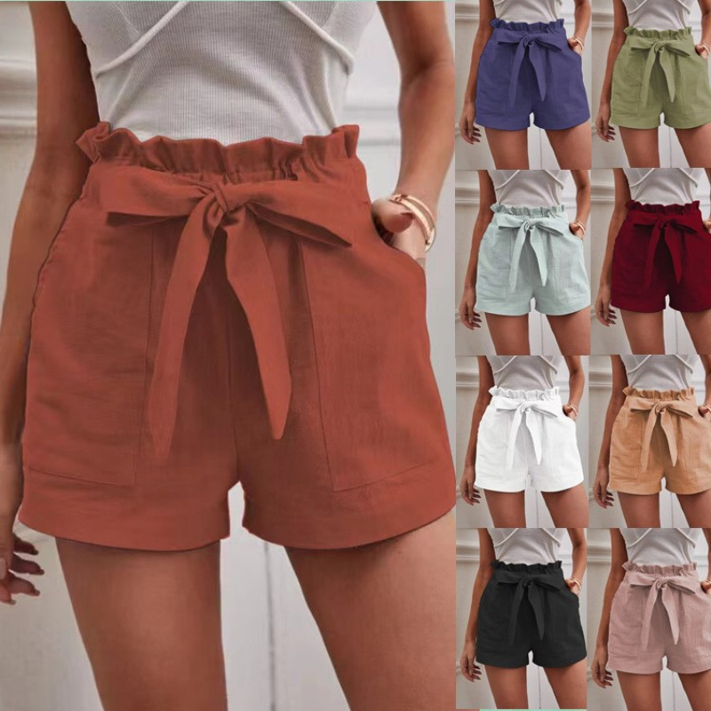 Pantaloni casual cu buzunare, talie înaltă, croială lejeră, lungime trei sferturi, amestec bumbac-lin