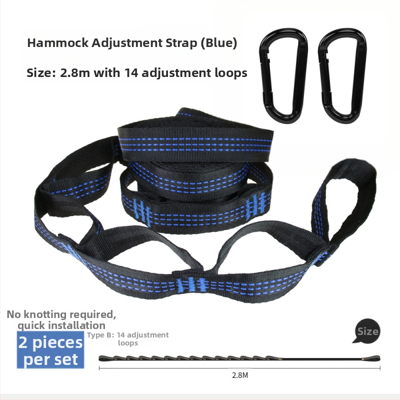 Hamakų diržai - reguliuojami, greitas montavimas, aukštos tvirtumo poliesteris, įtrauktos 2 sagtelės, nešiojami