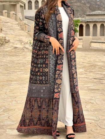 Plisuota moterų abaja su spausdintu raštu, laisvas kirpimas, ilgas rankovės, ilgas ilgis, poliesteris