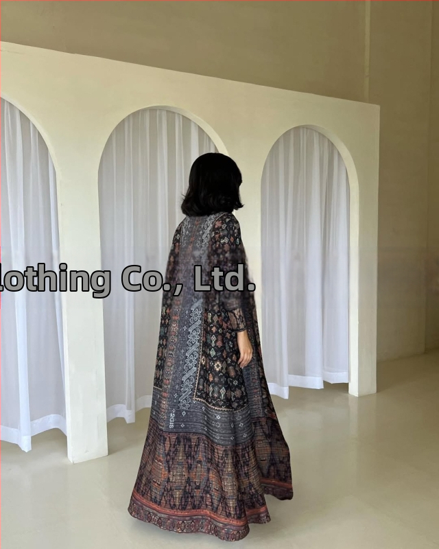 Plisuota moterų abaja su spausdintu raštu, laisvas kirpimas, ilgas rankovės, ilgas ilgis, poliesteris