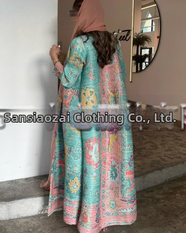 Plisuota moterų abaja su spausdintu raštu, laisvas kirpimas, ilgas rankovės, ilgas ilgis, poliesteris