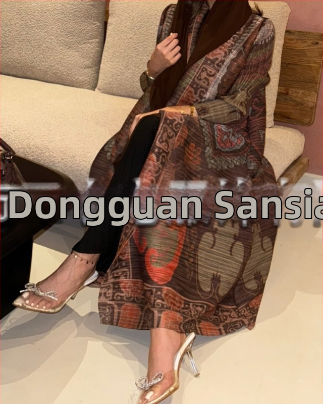 Plisuota moterų abaja su spausdintu raštu, laisvas kirpimas, ilgas rankovės, ilgas ilgis, poliesteris