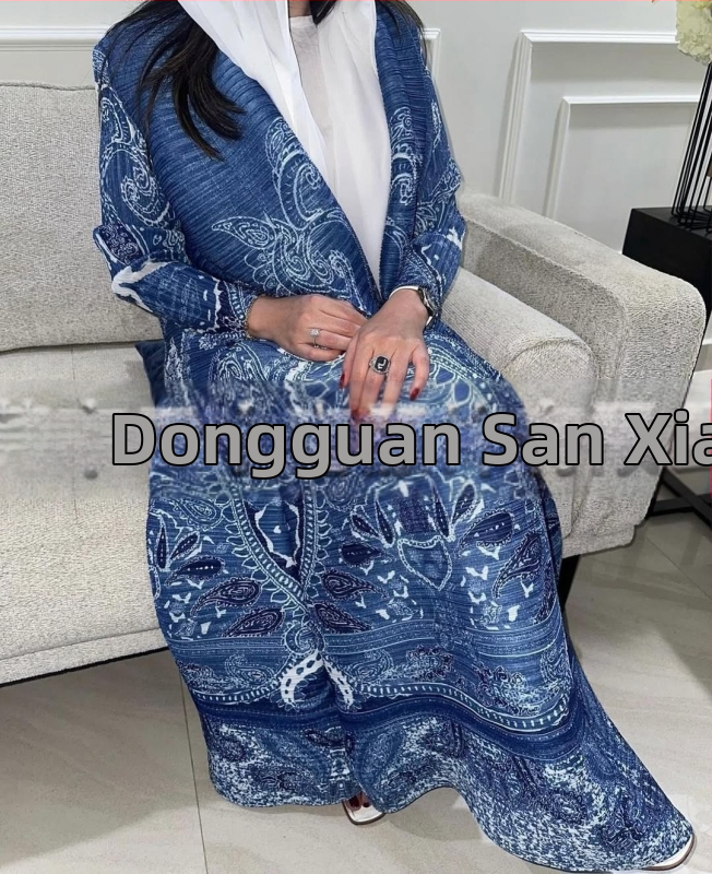 Plisuota moterų abaja su spausdintu raštu, laisvas kirpimas, ilgas rankovės, ilgas ilgis, poliesteris