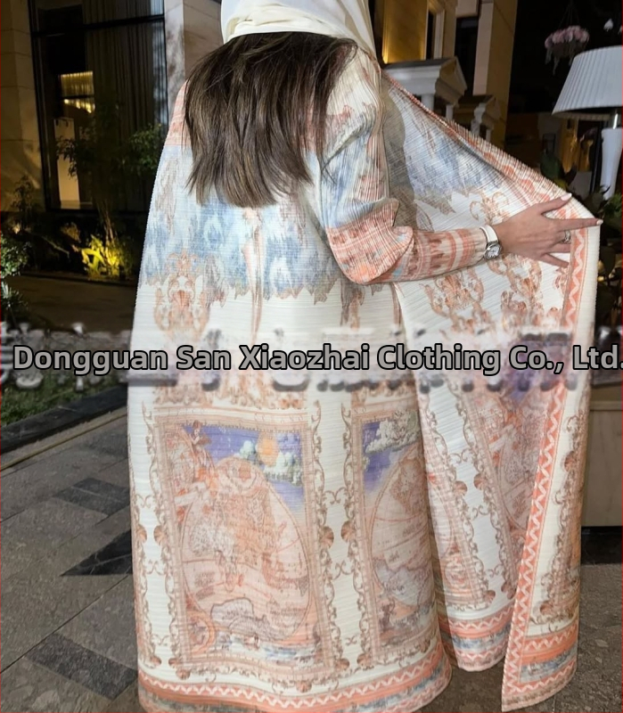 Plisuota moterų abaja su spausdintu raštu, laisvas kirpimas, ilgas rankovės, ilgas ilgis, poliesteris