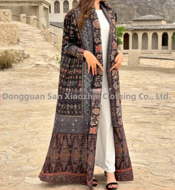 Plisuota moterų abaja su spausdintu raštu, laisvas kirpimas, ilgas rankovės, ilgas ilgis, poliesteris