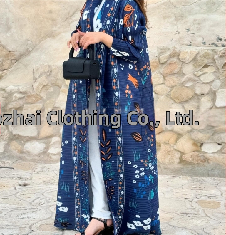 Plisuota moterų abaja su spausdintu raštu, laisvas kirpimas, ilgas rankovės, ilgas ilgis, poliesteris