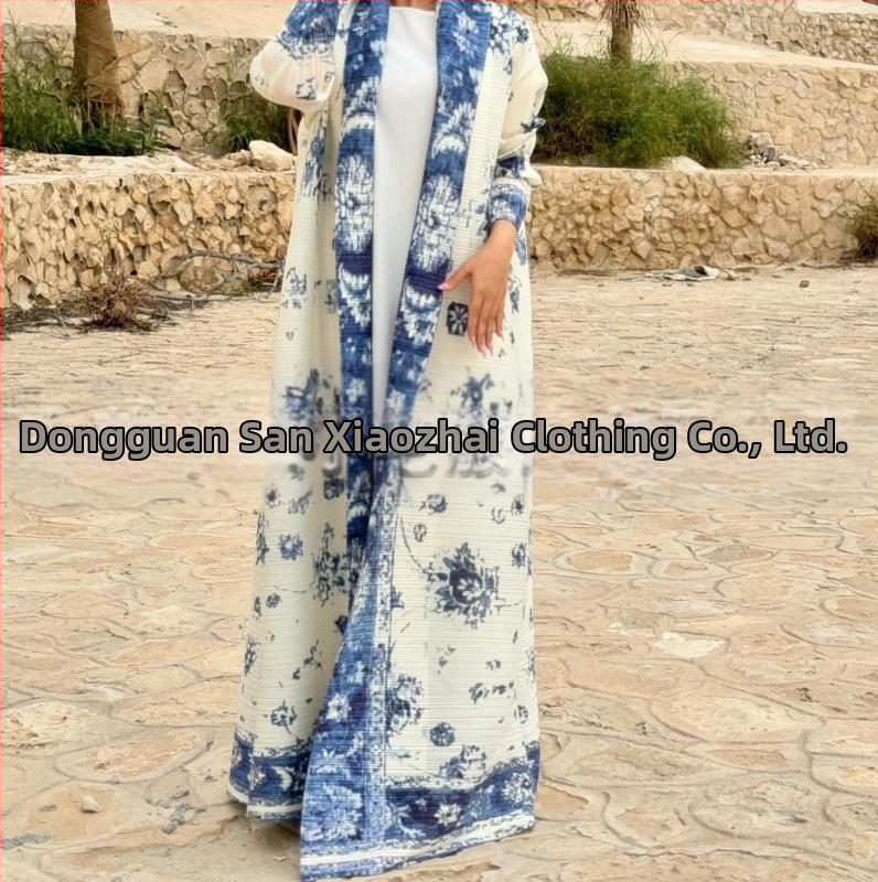 Plisuota moterų abaja su spausdintu raštu, laisvas kirpimas, ilgas rankovės, ilgas ilgis, poliesteris