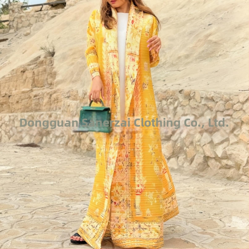 Plisuota moterų abaja su spausdintu raštu, laisvas kirpimas, ilgas rankovės, ilgas ilgis, poliesteris