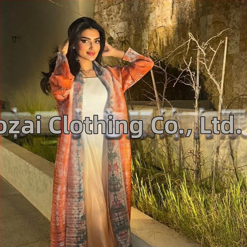 Plisuota moterų abaja su spausdintu raštu, laisvas kirpimas, ilgas rankovės, ilgas ilgis, poliesteris