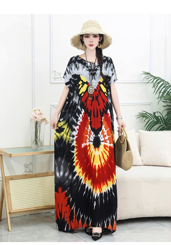 Rochie lungă de plajă din amestec bumbac-mătase, conținut poliester 50–70%, siluetă A-line midi, decolteu rotund, mâneci 3/4