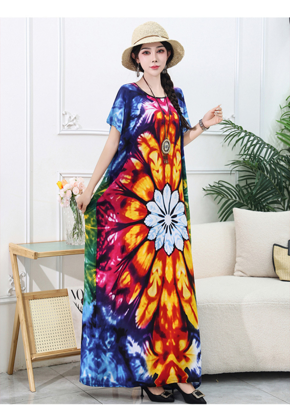 Rochie lungă de plajă din amestec bumbac-mătase, conținut poliester 50–70%, siluetă A-line midi, decolteu rotund, mâneci 3/4