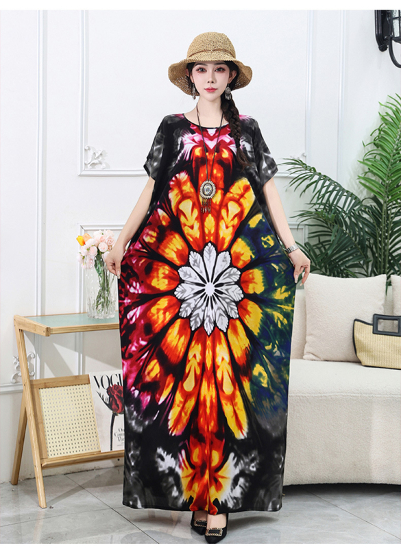 Rochie lungă de plajă din amestec bumbac-mătase, conținut poliester 50–70%, siluetă A-line midi, decolteu rotund, mâneci 3/4