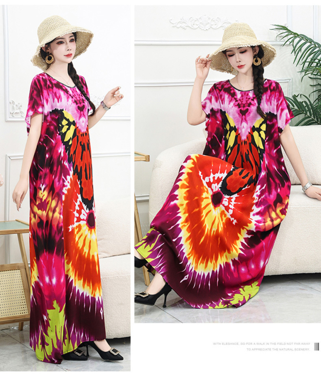 Rochie lungă de plajă din amestec bumbac-mătase, conținut poliester 50–70%, siluetă A-line midi, decolteu rotund, mâneci 3/4