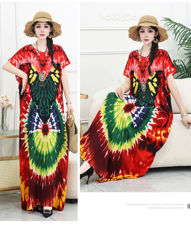 Rochie lungă de plajă din amestec bumbac-mătase, conținut poliester 50–70%, siluetă A-line midi, decolteu rotund, mâneci 3/4