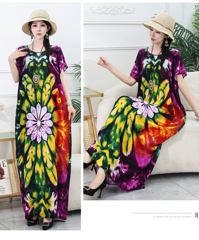 Rochie lungă de plajă din amestec bumbac-mătase, conținut poliester 50–70%, siluetă A-line midi, decolteu rotund, mâneci 3/4