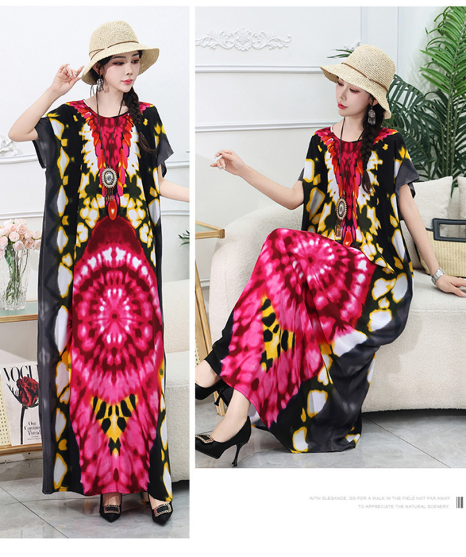 Rochie lungă de plajă din amestec bumbac-mătase, conținut poliester 50–70%, siluetă A-line midi, decolteu rotund, mâneci 3/4