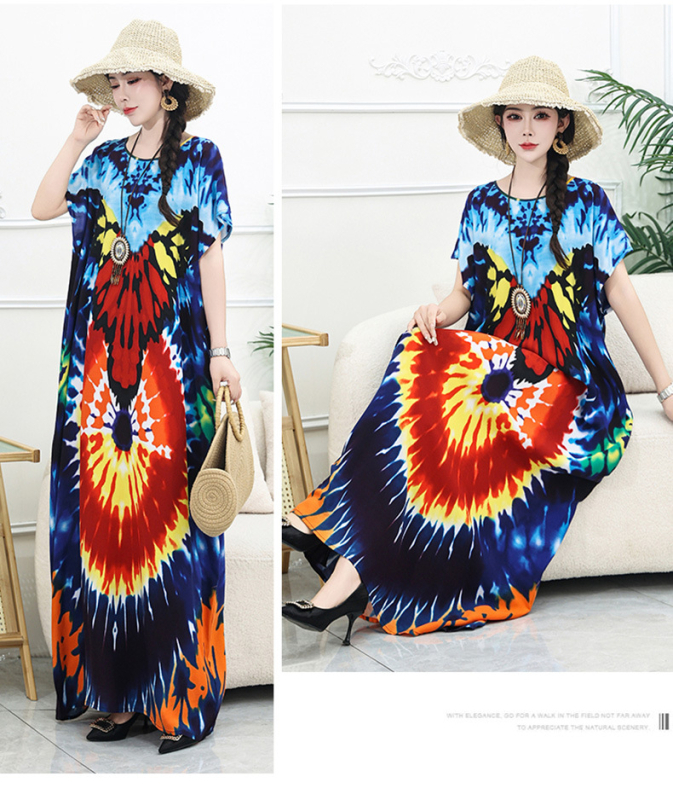 Rochie lungă de plajă din amestec bumbac-mătase, conținut poliester 50–70%, siluetă A-line midi, decolteu rotund, mâneci 3/4