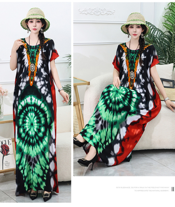 Rochie lungă de plajă din amestec bumbac-mătase, conținut poliester 50–70%, siluetă A-line midi, decolteu rotund, mâneci 3/4