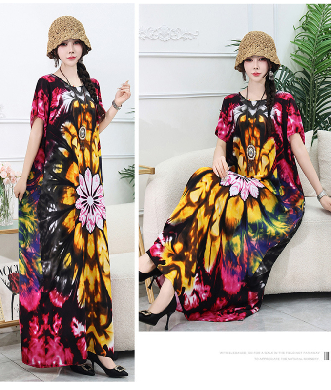 Rochie lungă de plajă din amestec bumbac-mătase, conținut poliester 50–70%, siluetă A-line midi, decolteu rotund, mâneci 3/4