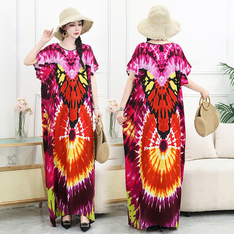 Rochie lungă de plajă din amestec bumbac-mătase, conținut poliester 50–70%, siluetă A-line midi, decolteu rotund, mâneci 3/4