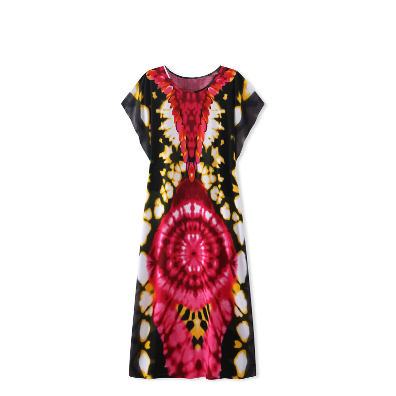 Rochie lungă de plajă din amestec bumbac-mătase, conținut poliester 50–70%, siluetă A-line midi, decolteu rotund, mâneci 3/4