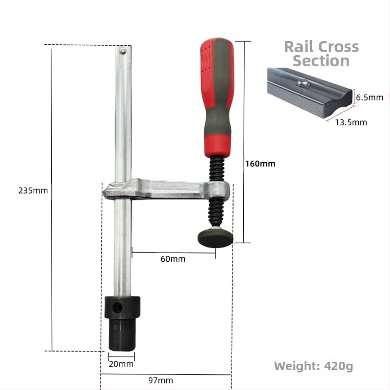 F-образна зажимна клипса за заваръчни и дървообработващи маси — 3D гъвкава платформа, бързо фиксиране, материал: хром ванадий стомана, тегло 0.5 кг